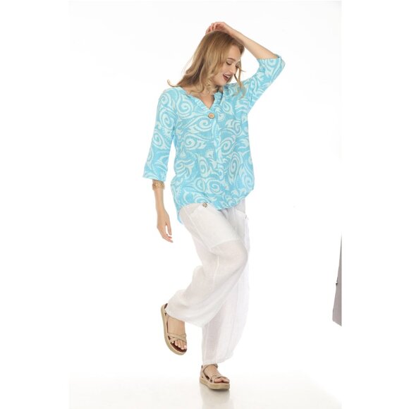 Ocean Blue Spiral Print V-Neck Button Detail Top - Picture 5 of 11